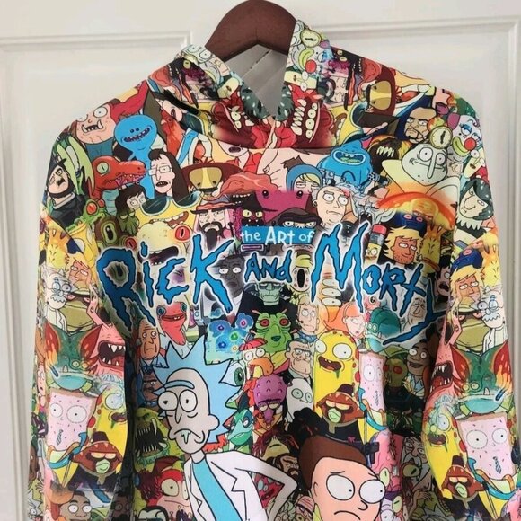 The Art Of Rick And Morty Artsy Colorful All Over Characters Hooded Sweatshirt L - Picture 2 of 6